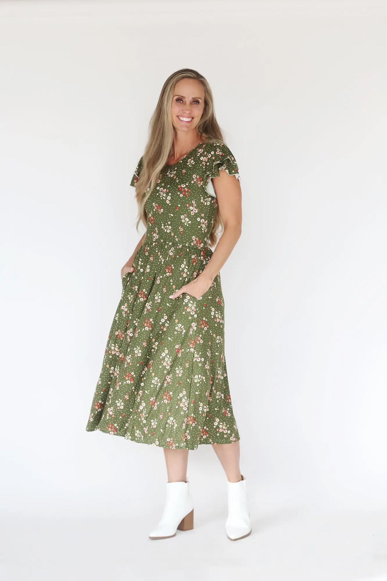 Woodmouse & Thistle Sophie Olive Floral Midi Dress, Mama