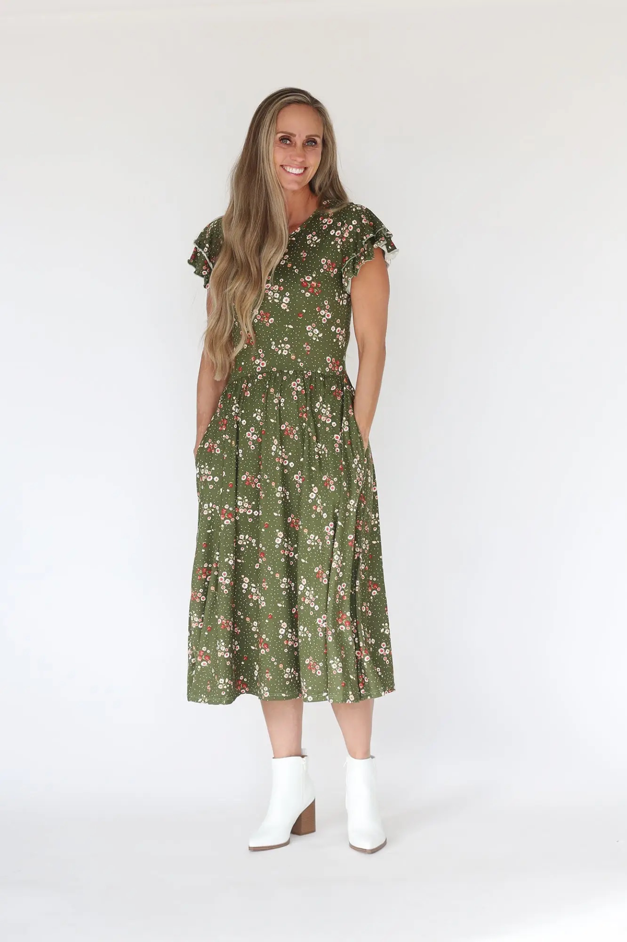 Woodmouse & Thistle Sophie Olive Floral Midi Dress, Mama