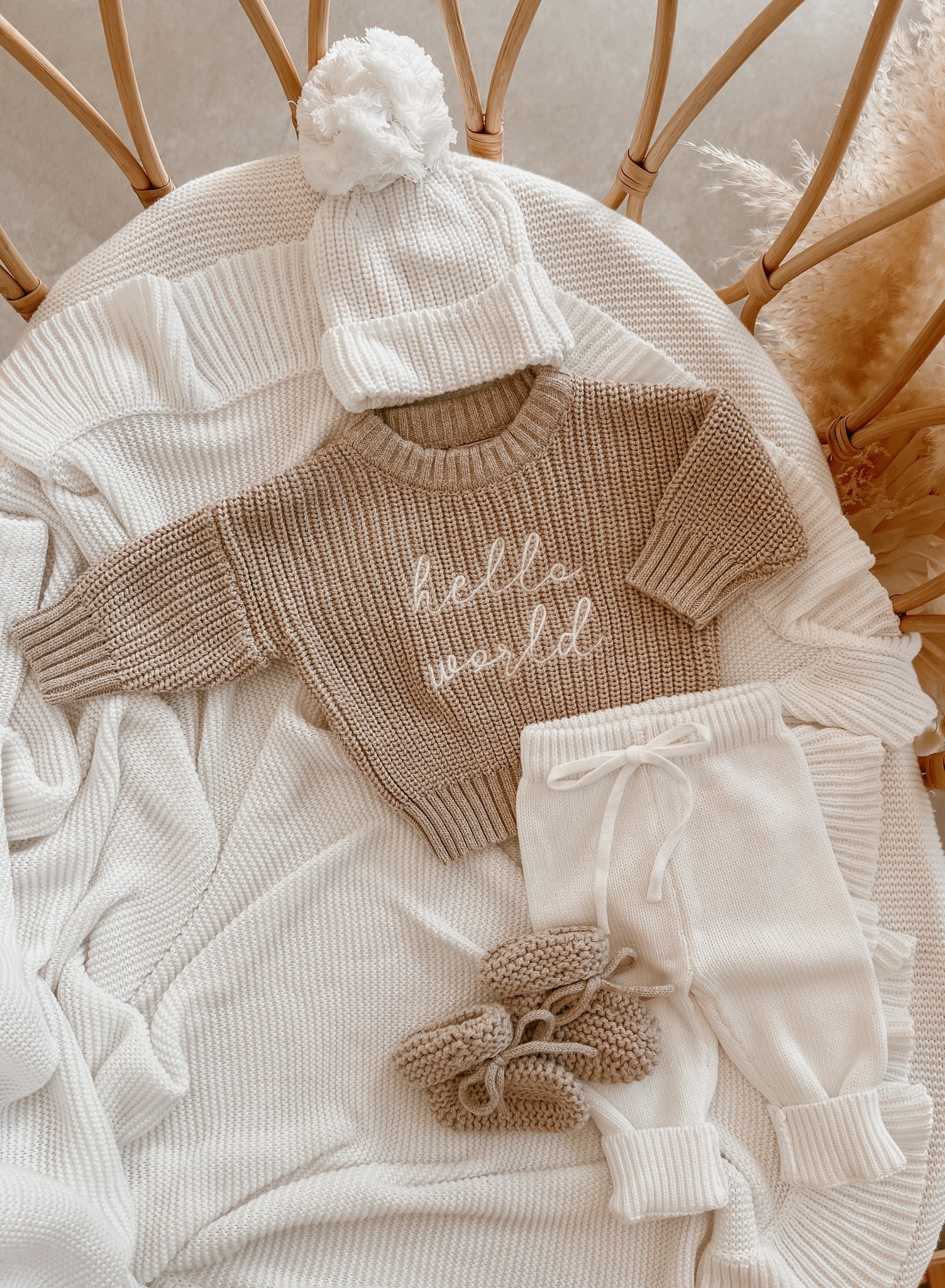 Blossom & Pear "Hello World" Baby Sweater, Fawn