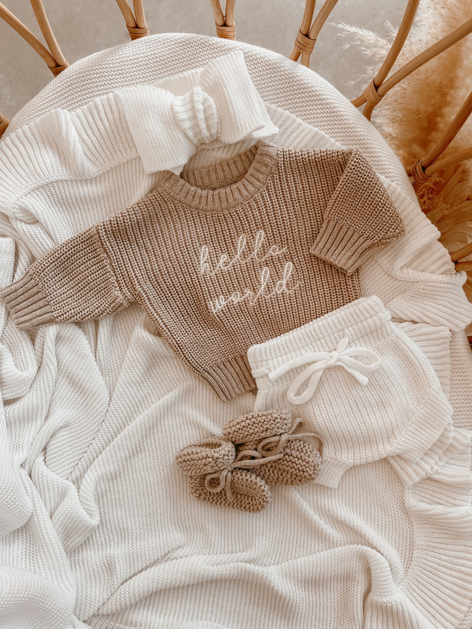 Blossom & Pear "Hello World" Baby Sweater, Fawn