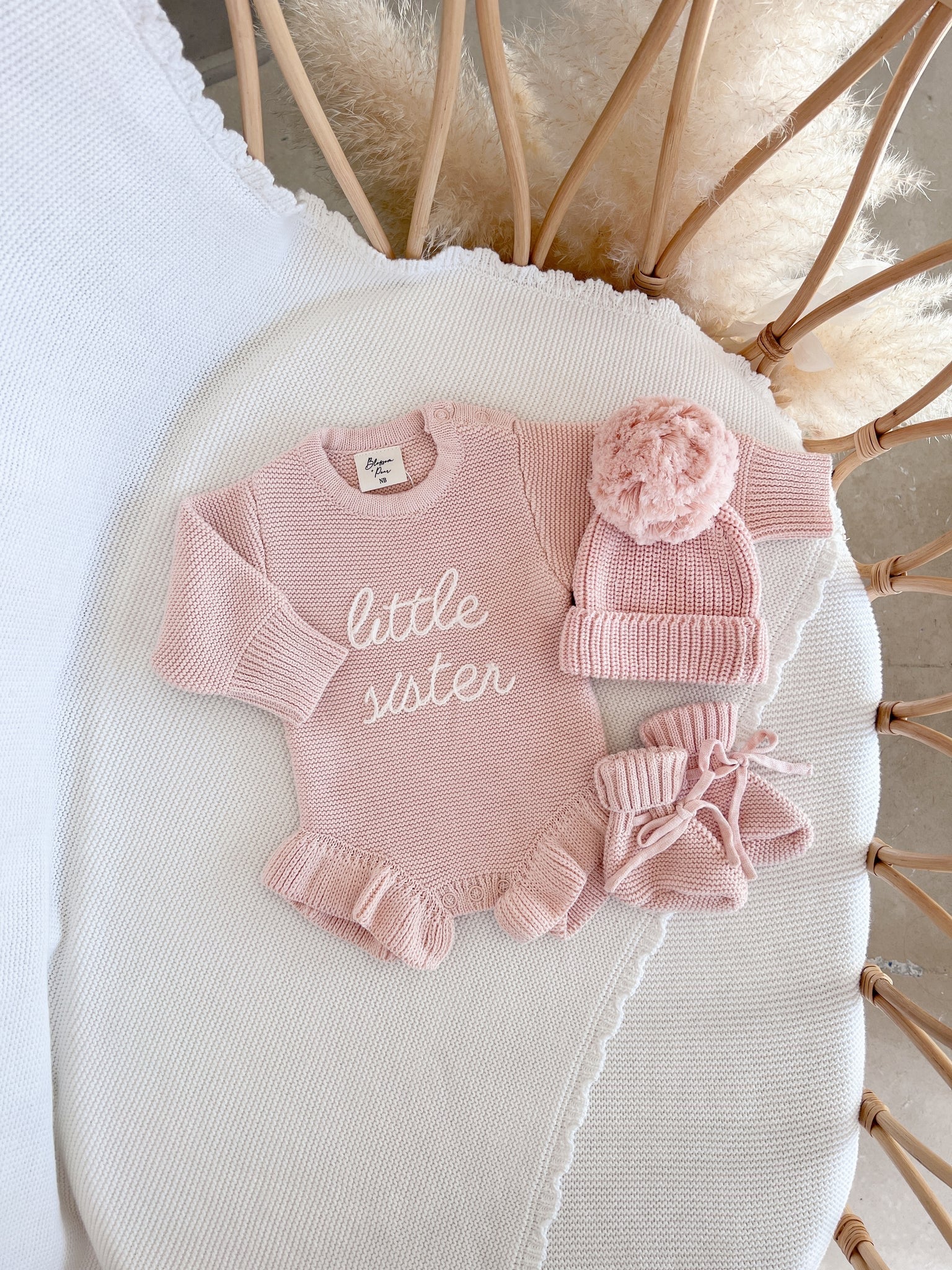 Blossom & Pear "Little Sister" baby knit bodysuit with frills, Pink Lemonade
