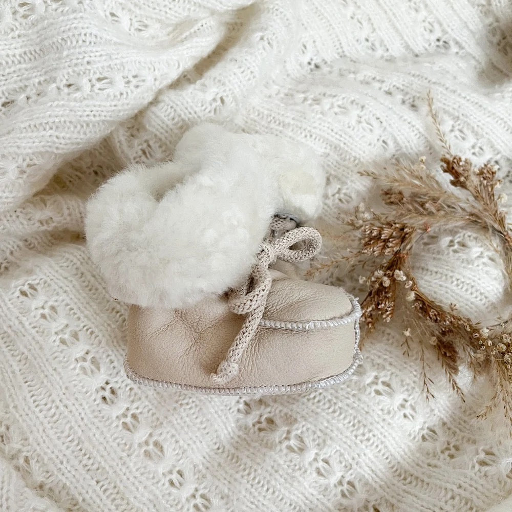 Maylily Sheepskin Baby Booties, Light Beige