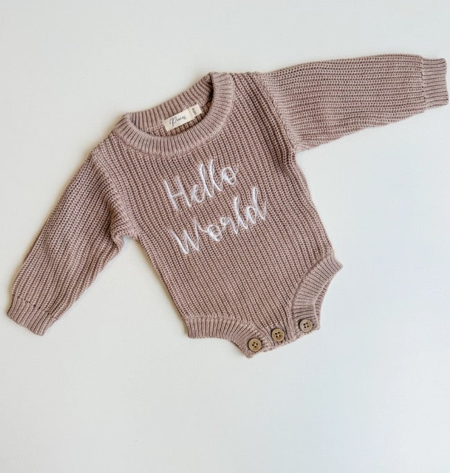 Petite + Co Hello World Ribbed Romper, Teddy Brown