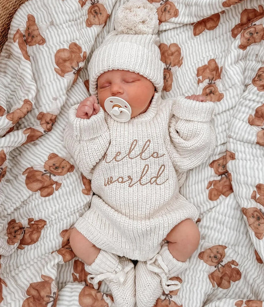 Chunky Knit Romper "Hello World" vauvan neulehaalari