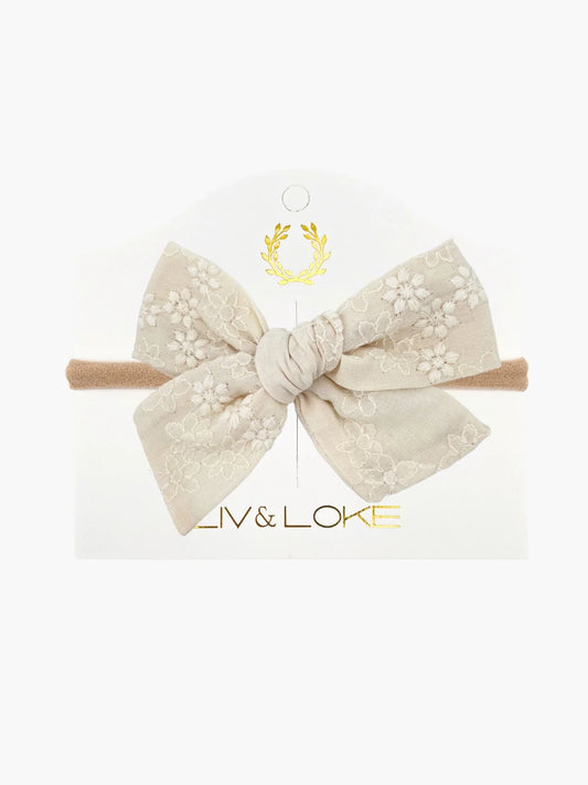 Liv & Loke Ester Bow Headband, Natural Embroidered