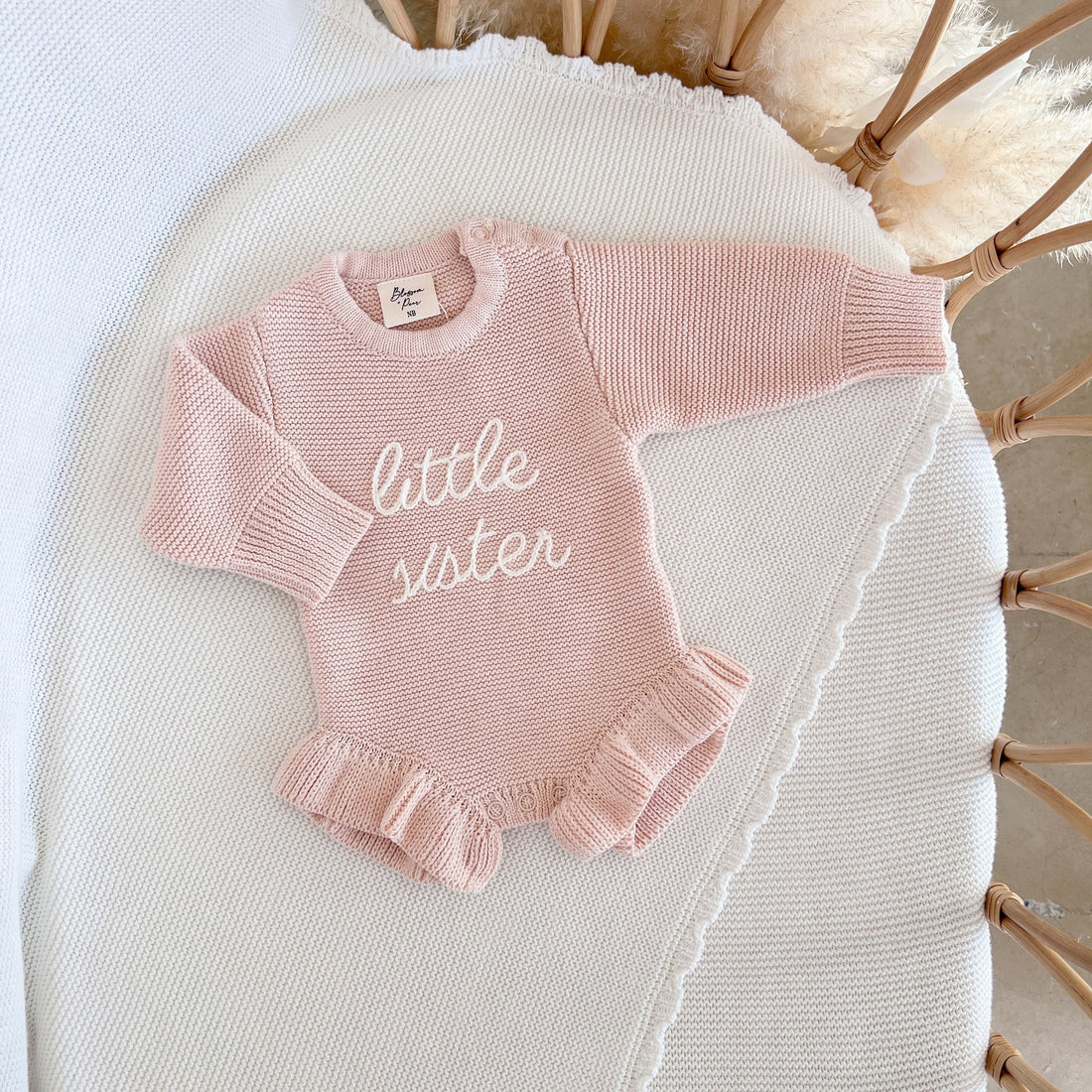 Blossom &amp; Pear &quot;Little Sister&quot; baby knit bodysuit with frills, Pink Lemonade