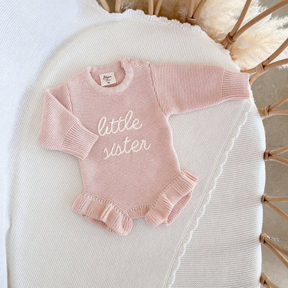 Blossom &amp; Pear &quot;Little Sister&quot; baby knit bodysuit with frills, Pink Lemonade