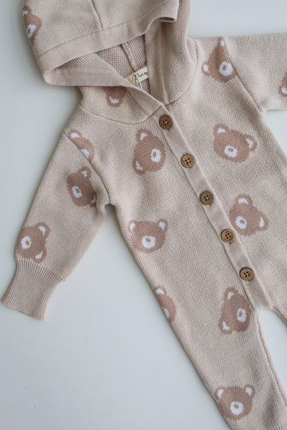 Petite + Co Hooded Teddy Romper baby knitted overalls with hood