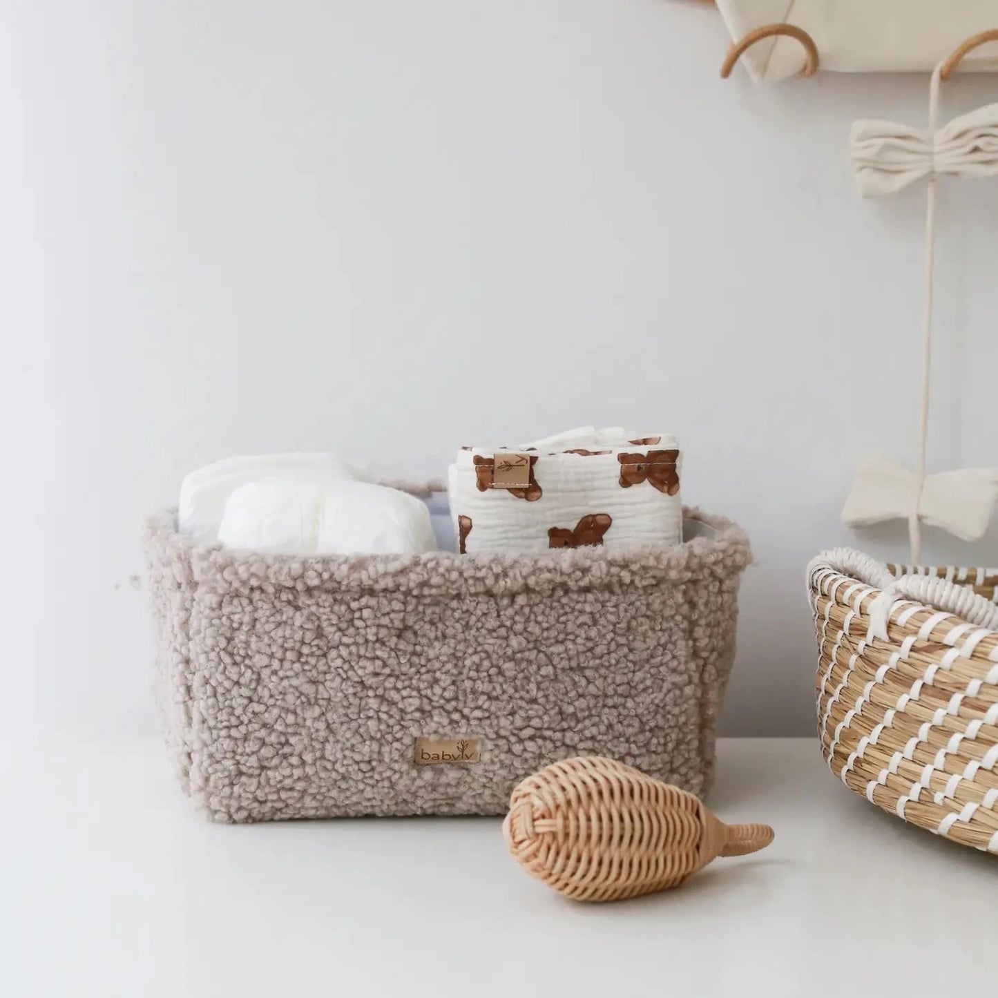 Babyly Teddy diaper storage basket, Cream or Taupe, 3 different sizes