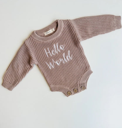 Petite + Co Hello World Ribbed Romper, Teddy Brown
