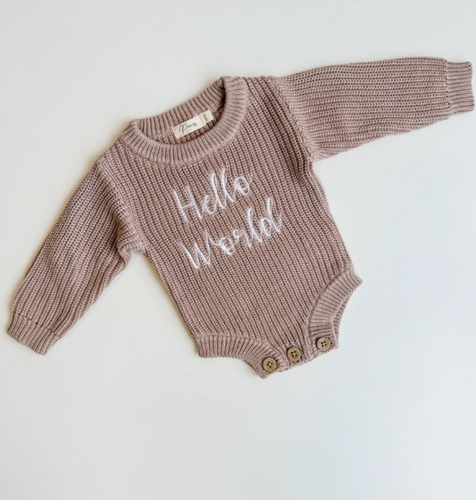 Petite + Co Hello World Ribbed Romper vauvan neulehaalari, Teddy Brown