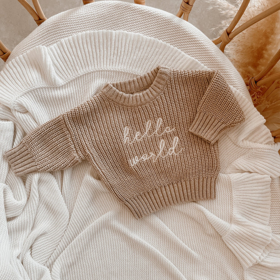 Blossom &amp; Pear &quot;Hello World&quot; Baby Sweater, Fawn