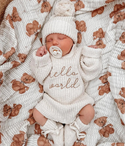 Chunky Knit Romper "Hello World" vauvan neulehaalari