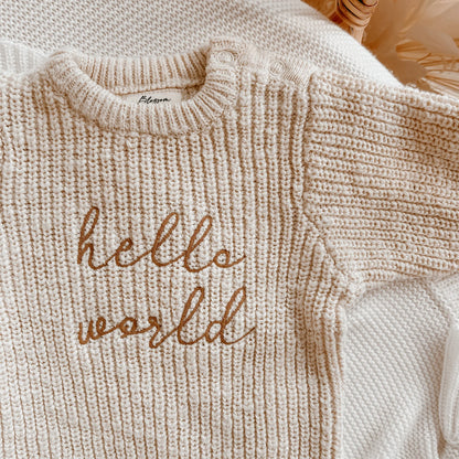 Chunky Knit Romper "Hello World" vauvan neulehaalari