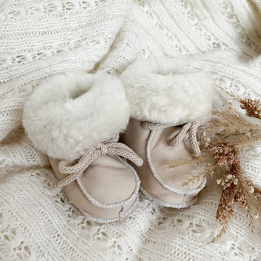 Maylily Sheepskin Baby Booties, Light Beige